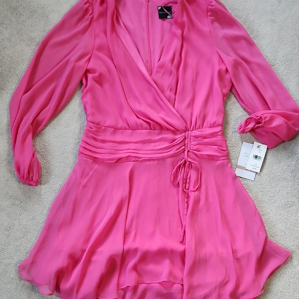 Maison Tara Women's Long Sleeve Chiffon Surplice Solid Fit and Flare Dress - 12